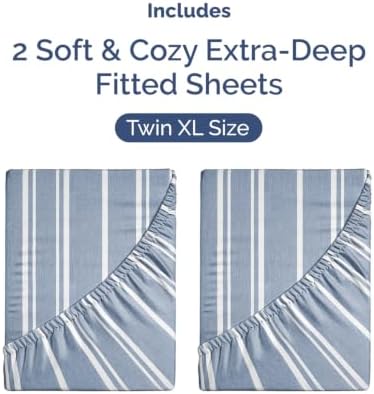 CGK Linens 2 Pack Extra Deep Twin XL Fitted Sheets - Blue Stripes - Image 4