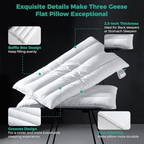 Three Geese Luxury Natural Flat Thin Goose Feather Down Pillows Standard Size, 2.5" Height, 100% Organic Cotton Cover, Medium Firm Hotel Collection Ultra Slim Thin Bed Pillows, Machine Washable,1 Pack - Image 6