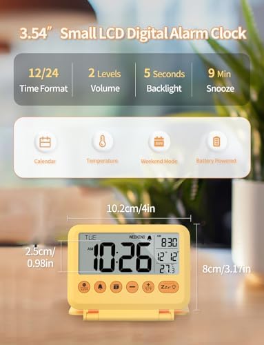 Digital Travel Alarm Clock - 3.54 inch LCD Display, 9-Minute Snooze, 2 Volume Levels, Backlight, Battery Included (Yellow) - Image 2