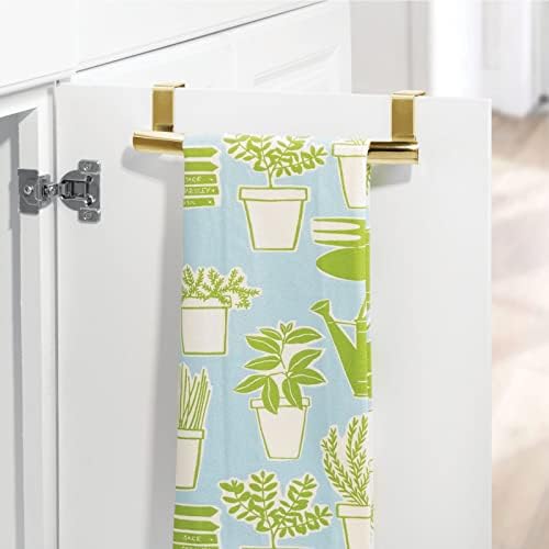 mDesign Steel Over Door Curved Towel Bar Storage, Hanger for Cabinet or Cupboard, Holder Rack for Kitchen, Bathroom - Holds Hand/Dish Towels, Washcloths - Spira Collection - 2 Pack - Soft Brass - Image 3