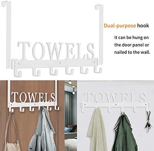 Over The Door Rack, Towel Hooks for Bathroom, Bath Towel Holder Door Mount Metal Towel Hanger for Bedroom Kitchen Pool Beach Towels Bathrobe Wall Mount Towel Rack for Bathrooms (6 Hooks, White) - Image 2