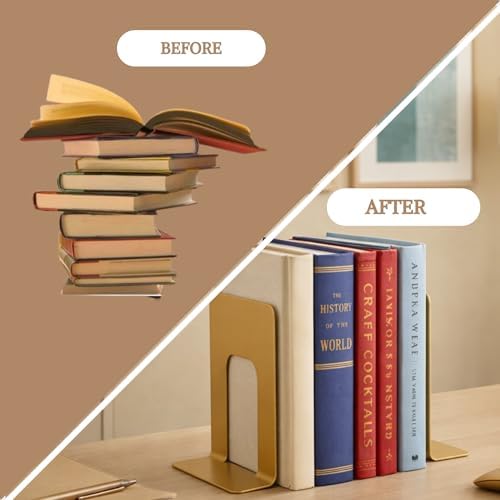 Alessk Dark Matte Gold Metal Bookends for Shelves – Heavy Duty Decorative Bookends for Heavy Books – Modern Book Ends for Office Bookshelf- has 3 Non-Slip Pads at the Bottom – 2Pairs (4 Pieces) - Image 5
