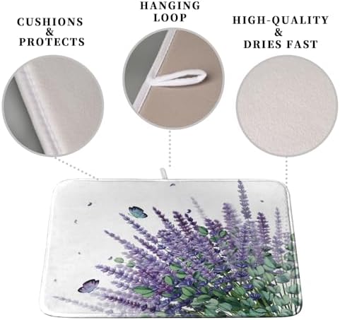 Purple Lavender Dish Drying Mat for Kitchen Counter Spring Summer Floral Microfiber Dish Drainer Mats Green Leaves Butterfly Absorbent Reversible Dish Drainer Rack Mat 16x18 Inch - Image 3