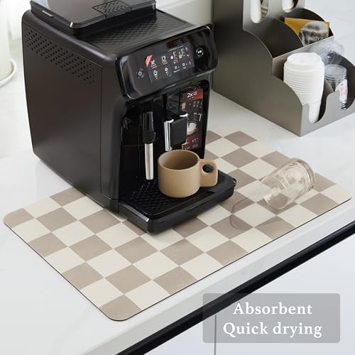 Ohocut Checkered Dish Drying Mat for Kitchen Counter, Coffee Bar Station Accessories, Retro Cute Aesthetic Modern Absorbent Drainer Mat Kitchen Drying Mat Easy Clean, Khaki 12" x 19" - Image 4