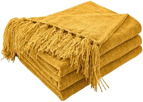 CozeCube Chenille Throw Blanket, Harvest Gold Fringe Blanket, 60"X80" by CozeCube