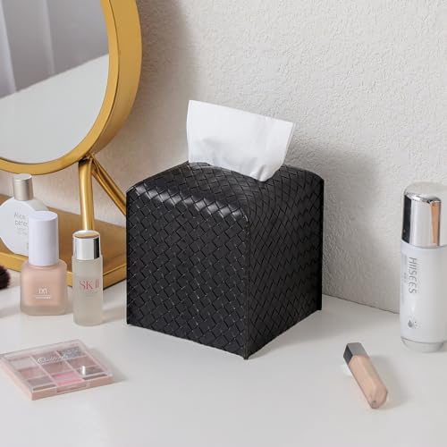 Tissue Box Cover PU Leather Tissue Holder Square Facial Tissue Case Facial Paper Organizer Dispenser for Bathroom, Vanity Countertop, Tabletop, Car, Black - Image 5