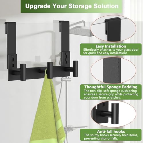 Extended Robe Door Hooks, Heavy Duty Stainless Steel Towel Hooks for Frameless Glass Shower Doors, Towel Hanger Rack, Shower Hooks for Bathroom (Black-3 Hooks, 1 Pack) - Image 6