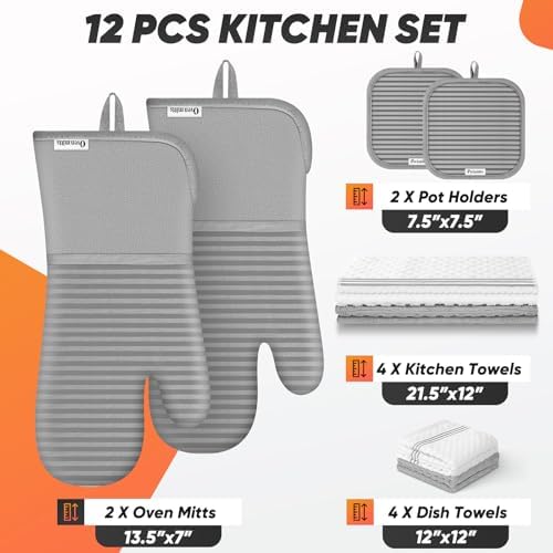 Oven Mitts Kitchen Towels and Dishcloths with Pot Holders Sets, Oven Gloves Hot Pads 500°F Heat Resistant with Silicone Grip, Include 2 Cooking Gloves/2 Potholders/4 Kitchen Towels/4 Dish Towels-Gray - Image 2
