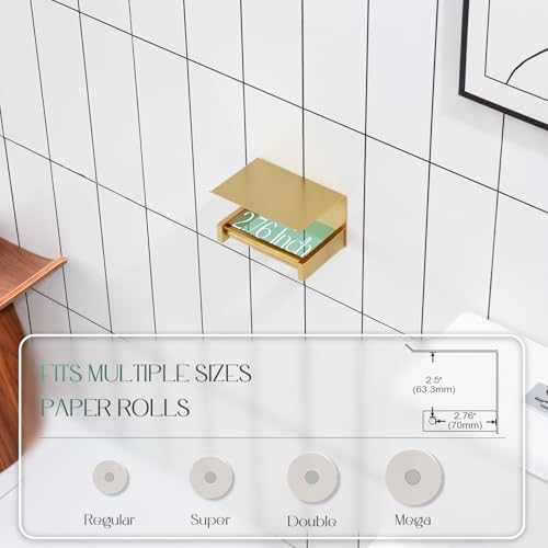 KOKOSIRI Roll Paper Holder Spring Loaded Tissue Paper Holder Bathroom Toilet Roll Holder with Shelf Wall Mounted Stainless Steel Brushed Gold B2012BG - Image 4