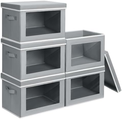 Homsorout Stackable Storage Bins with Lids - Medium Storage Box with Lids, Foldable Closet Boxes for Organizing, Wardrobe Clothes Organizer with Window, Cubes Bins for Living Room, 5 Pack, Grey by Homsorout
