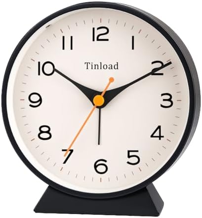 Tinload 4.5" Battery Operated Retro Analog Alarm Clock, Small Silent Bedside Desk Clock,Lighted on Demand, Battery Operated, Snooze, for Living Room, Bedroom, Bedside, Desk(Black) by Tinload