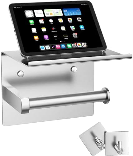 Tindbea Mega Size Toilet Paper Holder with Shelf + Towel Robe Hooks, Adhesive or Screw Wall Mounted Toilet Paper Roll Holder, Stainless Steel Bathroom Hardware Set (Brushed Nickel) by Tindbea
