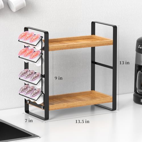 LEMIKKLE Coffee Station Organizer for Counter,Condiment Storage Caddy for Kitchen,2 Tier Wooden Shelf for Coffee Bar Accessories,Coffee Bar Organizer for Kitchen, Home, Office-Brown - Image 4