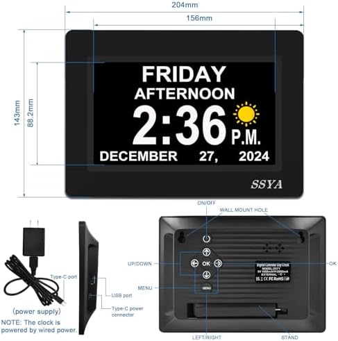 SSYA 7 Inch Calendar Clock - 12 Alarm Options, Level 5 Auto Dimmable Display,Extra Large Impaired Vision Digital Clock with Non-Abbreviated Day & Month (Black) - Image 2