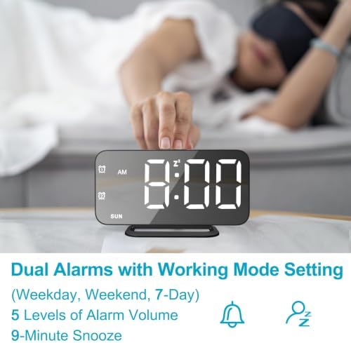 JALL Slim LED Digital Alarm Clock, Mirror Surface for Makeup, with Diming, Large Display, Easy Setting, USB Ports, Modern Decor for Bedroom, Desk, Gift for Women, Sister, College Girl, Black - Image 4