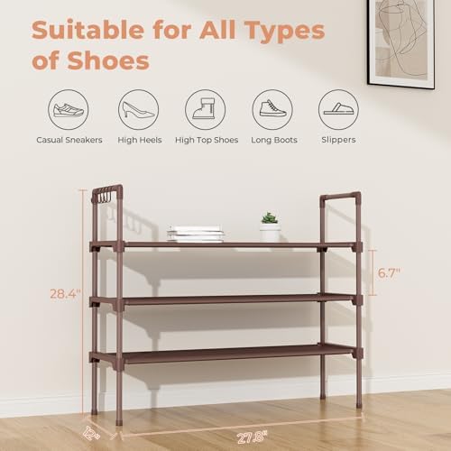 LANTEFUL 3 Tier Shoe Rack for Closet Shoe Organizer with 5 Hooks, Long Shoe Shelf Storage for Shoe and Boot Stackable Free Standing Shoe Rack for Entryway, Garage, Small Spaces, Dorm, Brown - Image 3