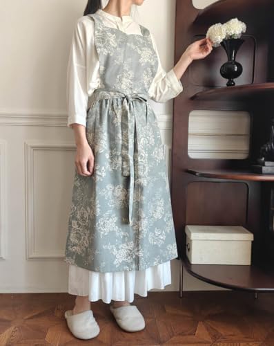 Adult Kitchen Apron Floral Cotton Waterproof Adjustable Apron Cooking Baking Garden Chef Apron with Pocket - Image 4