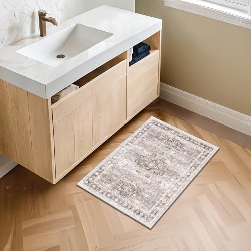 Boho Bathroom Rugs - Washable Non-Slip Soft Low Pile Area Rug for Entryway, Kitchen, and Indoor Spaces - Modern Farmhouse Design, Perfect for Boho Décor (2x3 Beige/Latte) - Image 3