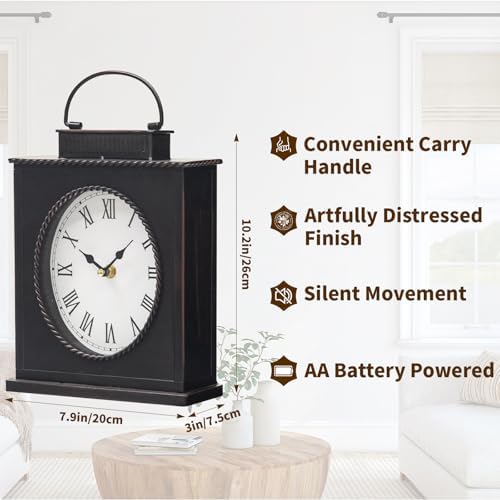 Vintage Mantel Clock, Large Rustic Distressed Metal Table Clock with Handle, Silent Non-Ticking Quartz Movement, Antique Brown Fireplace Shelf Desk Clock for Living Room Bedroom Office - Image 2