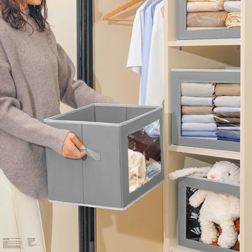 Homsorout Storage Bins with Lids, 4 Pack Large Storage Cubes with Window, Closet Bins with Lids & Handles, Fabric Box for Organizing Clothes, Towels, Books, Grey - Image 6