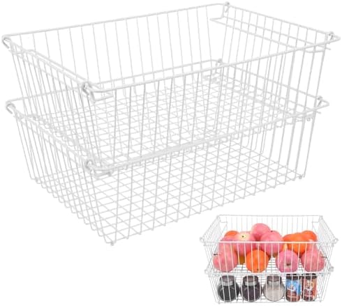 Set of 2 Stackable XXL Wire Baskets For Pantry Storage and Organization -16x12in Large Metal Food Baskets -Vegetable,Fruit,Potato,Onio, Pantry Storage Bins With Handles (White, XXL) by Unknown
