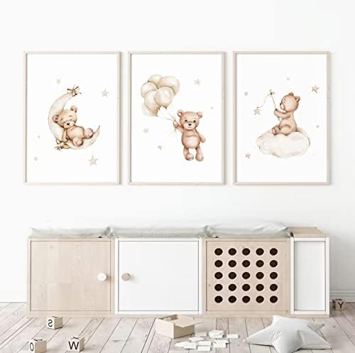 Baccone Bear Nursery Wall Art Decor Set of 3 Teddy Bear Canvas Wall Art Baby Boy Nursery Decor Prints Neutral Pictures Moon Star Cloud Print for Girls Children Room 12x16 Inch Unframed - Image 6