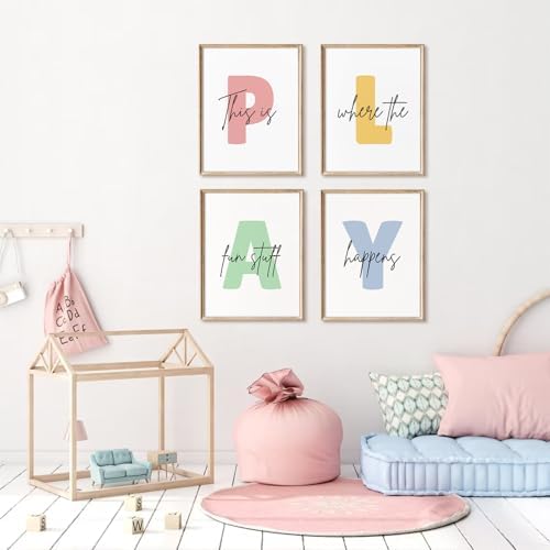 Baccone Kids Playroom Wall Art Decor Play Room Poster Baby Boy Kids Nursery Canvas Wall Decor Toddler Children Playroom Print Artwork Let's Play Sign Pictures for Bedroom 8x10 Inch Set of 4 UNFRAMED - Image 4