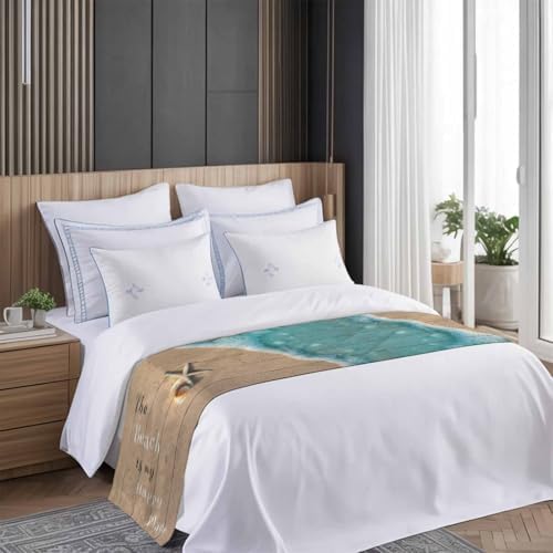 Coastal Ocean Starfish and Shell Sand Bed Runner for Bedroom Hotel - Decorative Bedding Scarf 'The Beach Is My Happy Place' - End Blanket Runner for California King Size, 102x20in - Image 3