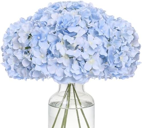 Fake Blue Hydrangea Artificial Flowers - Faux Silk Hydrangeas Flowers Heads with Stems Real Touch for Home Wedding Party Table Decor(Blue,Pack of 10) by FLORRALIAArtificialFlowers