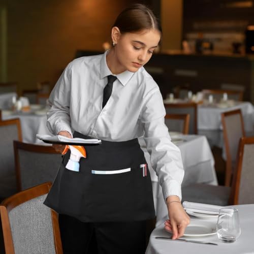 mwellewm 15 Packs Server Apron with 3 Pockets, Black Serving Half Waitress Apron for Women and Men, Widened and Extended Waist Strap Reinforced Seams Water and Stain Resistant for Book Phone - Image 5