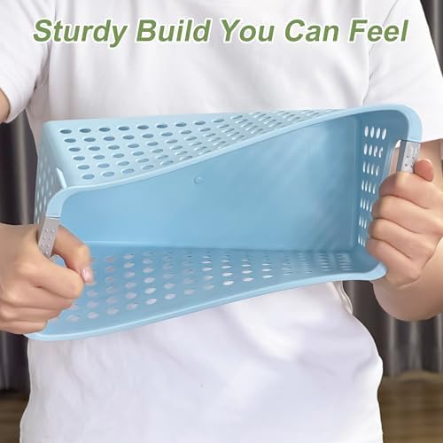 Soddeph 4 Pack Slim Plastic Storage Basket with Handles, Rectangular Storage Bins for Shelves,Narrow Organizer box for Organizing, Kitchen,Home,Office (Blue, Small) - Image 5