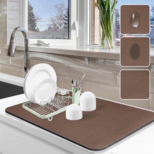 Dish Drying Mat for Kitchen Counter, 16"x24" Pad with Rubber Backed (Brown) by Etomiel
