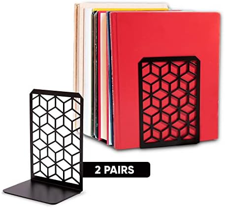 Geomod 3D Cube Black Metal Bookends Decorative for Heavy Books - Sturdy Boho Book Stops - Minimal Book Shelf Stopper - Durable Office Bookends - Weighted Metal Book Holders - 7x4.75 Inches - 2 Pair - Image 2