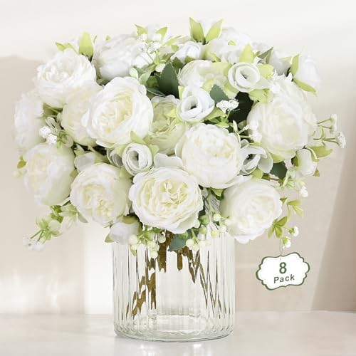 8 Packs Peonies Artificial Flowers, White Silk Flowers Artificial Peonies by MARTINEMALL