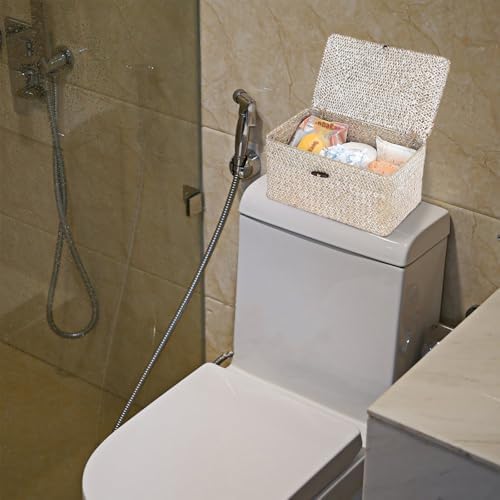 Sumnacon Wicker Basket with Lid,Tampon Holder for Bathroom,Whitewash,Medium - Image 2