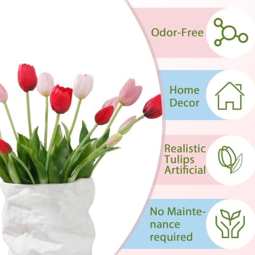 15 Pcs Light Pink-Red-Light Purple Artificial Tulips Fake Flowers, Premium Latex Lifelike Texture, UV Resistant Waterproof Faux Tulip Bouquets with Snap-on Petals for Outdoor, Home, Wedding Decor - Image 4