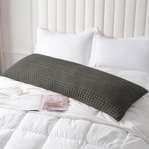 PHF 100% Cotton Waffle Body Pillowcase with Zipper, 1 Pack 20" x 54" Soft Skin-Friendly Pillow Sham, No Filling, Aesthetic Woven and Breathable Waffle Weave Body Pillow Cover for Bed, Charcoal Grey by PHF