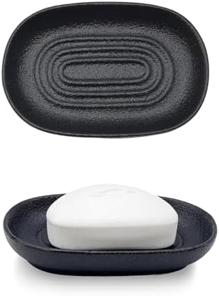 Ceramic Soap Dish for Bathroom & Kitchen Sink- Black Matte Textured Finish Bar Soap Holder for Shower - Easy to Clean Small Simple Oval Soap Dishes Holders for Bar Soaps, Sponges, Jewelry by Aenfaiy