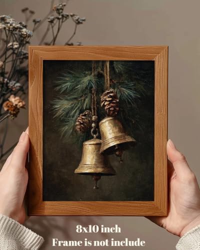 ZBJLLK Vintage Christmas Bells Canvas Wall Art, Gold Brass Bells Pine Cone Still Life Oil Painting Style Print, Premium Canvas Material & Ready to Frame, for Living Room Bedroom Fireplace Entryway Home Decor, 8x10Inch Unframed - Image 2