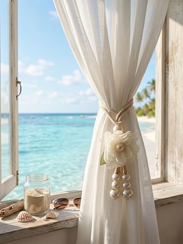 Adjustable Curtain Tiebacks， 4pcs(2pair) Hand-Woven Rope with Silk Flower & Pearl， Decorative Window Cord Holders for Drapery， Long Loop Design for All Curtain Thickness (Ivory White) - Image 3