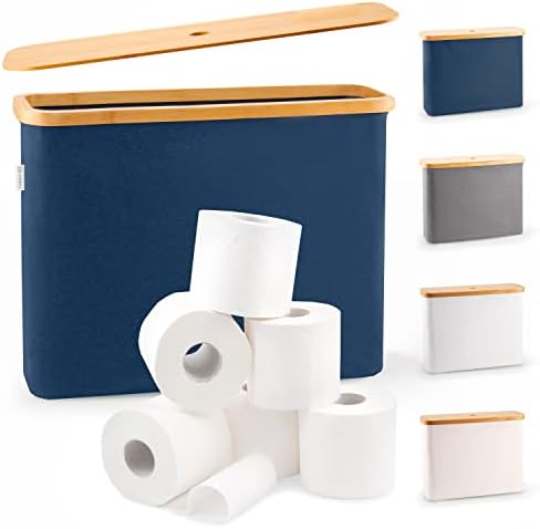 LONBET Toilet Paper Storage for 12 Rolls, Stackable & Foldable - The Ultimate Bathroom Organizer - Waterproof Basket with Bamboo Lid - Elegant Toilet Paper Storage Holder, Blue by Lonbet