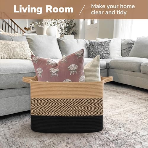 Goodpick 50L Large Woven Storage Basket, 18" x 14" x 12", Black & Jute - Image 2