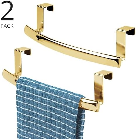 mDesign Steel Over Door Curved Towel Bar Storage, Hanger for Cabinet or Cupboard, Holder Rack for Kitchen, Bathroom - Holds Hand/Dish Towels, Washcloths - Spira Collection - 2 Pack - Soft Brass - Image 2