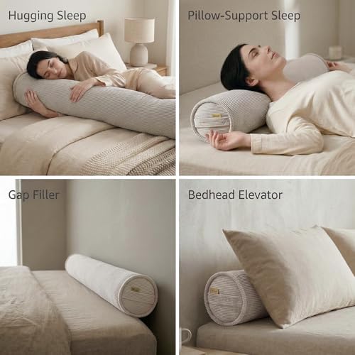 Corduroy Long Pillow for Bed, 39 x 7.87 Inches, Beige Gray - Image 5