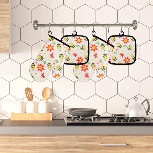 Lucleag 4 PCS Bee Oven Mitts and Potholders Set, Cute Bee Oven Mitt Pot Holders Bees Potholder Heat Resistant Non-Slip Cooking Gloves for Grilling Baking Summer Birthday Party Favor Decor - Image 6