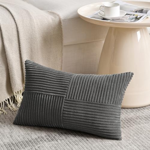 Fancy Homi 2 Packs Dark Gray Lumbar Decorative Throw Pillow Covers 14x22 Inch for Living Room Couch Bed Sofa, Farmhouse Home Decor, Soft Striped Corduroy Rectangle Accent Cushion Case 35x55 cm - Image 2