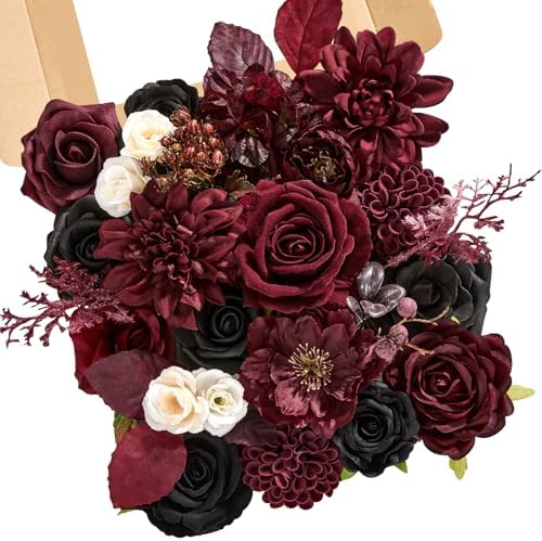 Serwalin Artificial Burgundy Black Flowers Red Rose Silk Flower for Wedding by Serwalin
