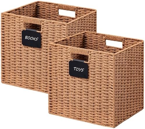 UBBCARE 2 Pack Wicker Basket, 13×13 Storage Cubes with Label, Foldable Cube Storage Bin with Handle, Square Storage Basket for Shelves, Woven Paper Rope Basket for Organizing, Caramel by UBBCARE