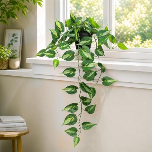 Fake Pothos Hanging Plants Artificial Ivy Vines with Pots - Realistic Indoor Greenery Decor, Low Maintenance Faux Home Decoration (1 PCS) by Season2Season