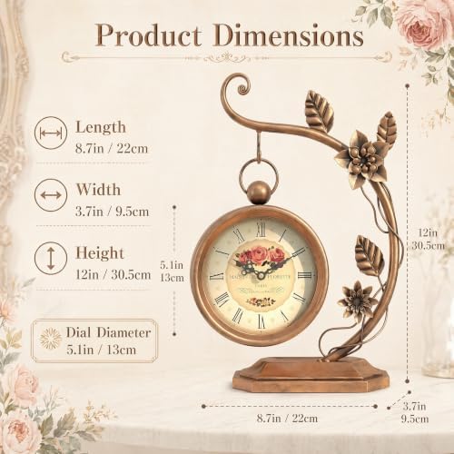 Floral Plant Desk Clock, Vintage Gold Table Clock with Leaf Pattern, Silent Non-Ticking Battery Operated Decorative Shelf Mantel Clock for Living Room Bedroom Home Decor Gift for Women - Image 2